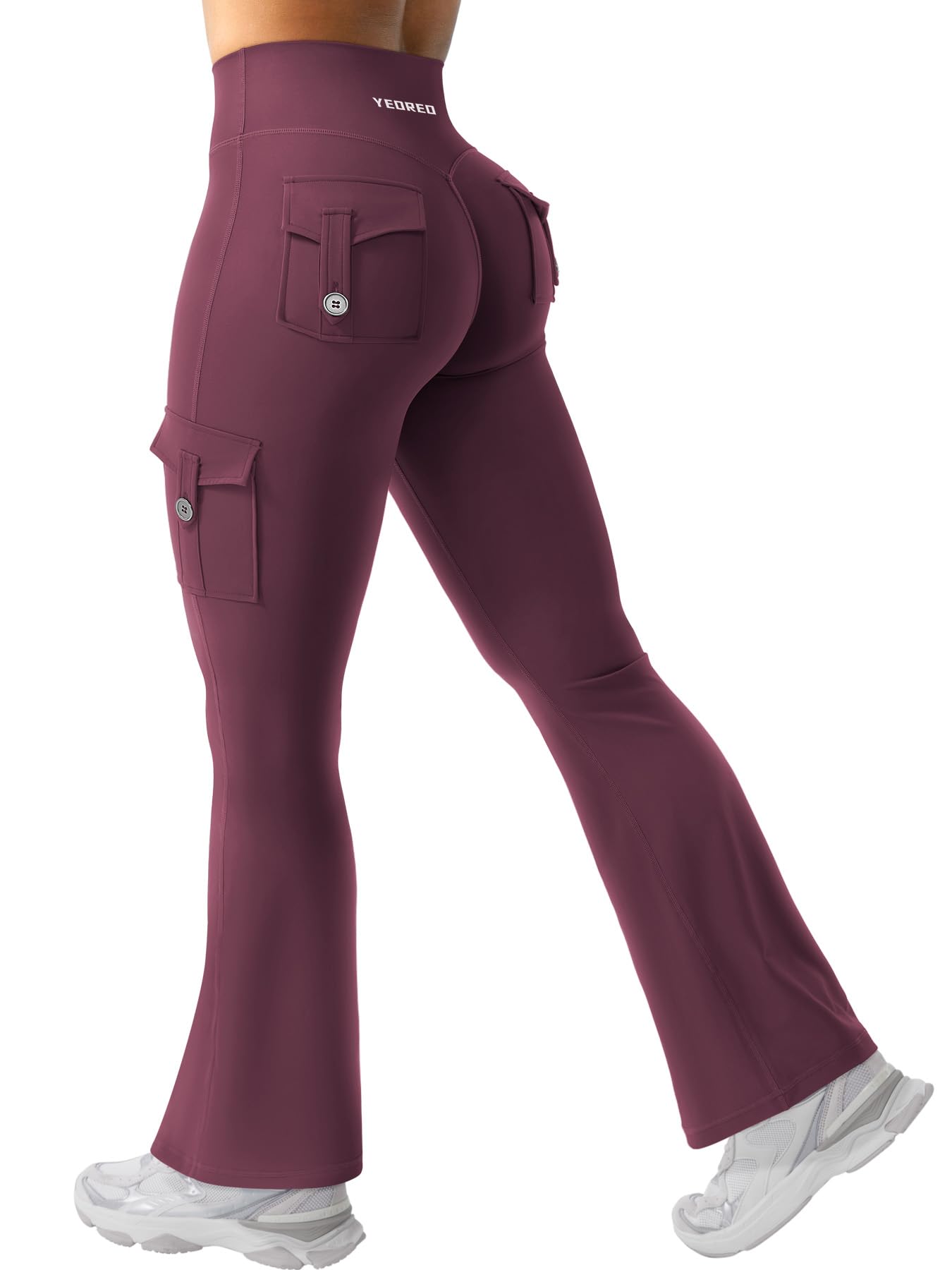 YEOREO CoreFlex Women Workout Flare Leggings with Pockets Scrunch Cargo Gym Yoga Leggings Black Cherry M