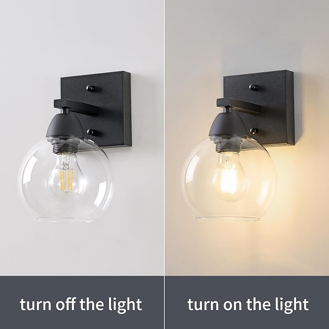 Bathroom Light Fixtures, 1-Light Matte Black Vanity Light with Hand-Blown Thick Glass Shade, High Clarity & Durable, Wall Sconce for Mirror, Kitchen, Bedroom, Hallway