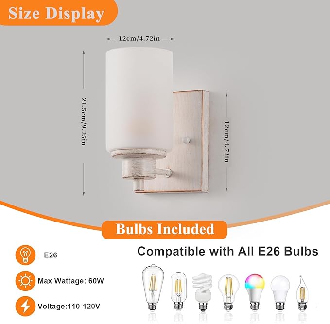 2 Pack Bath Vanity Light Fixture, Modern Indoor Wall Scone Lighting with Opal White Glass Shade, White Gold Wall Lamps