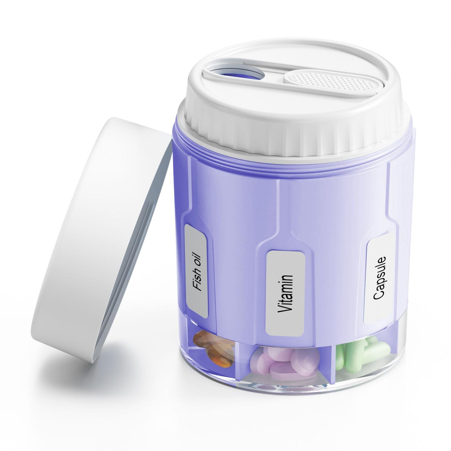 Daviky Pill Bottle Organizer, Supplement Organizer with 7 Large Compartments, Travel Pill Dispenser Round Pill Box with Two Lids（Purple）