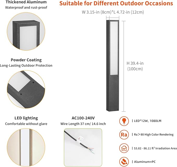 Path Light AC100-240V, Outdoor Pathway Lights Wired, 3000K Modern Driveway Bollard Lights, LED Landscape Lighting IP65 Waterproof Floor Lamp for Patio Garden Walkway Sideway Lawn Commercial