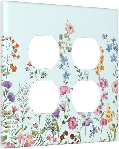 Decorative Light Switch Cover Plate Rustic Wild Floral Vintage Blue Watercolor Flower 2 Gang Socket Covers Double Duplex Wallplates Switch Plates and Outlet Covers for Bathroom Home Decor