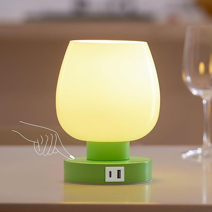 ONEWISH Touch Bedside Table Lamp with USB Charging - 3 Way Dimmable Small Glass Lamp for Bedroom, 2700K LED Bulb Included, Green, 2 Packs