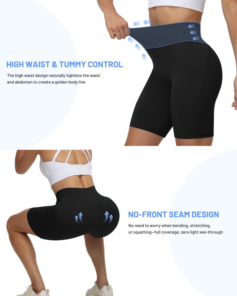Moozava Womens 8" Gym Biker Shorts with PocketHigh Waisted Tummy Control Quick Dry Spandex Booty Shorts for Workout Athletic Yoga Running Black XS