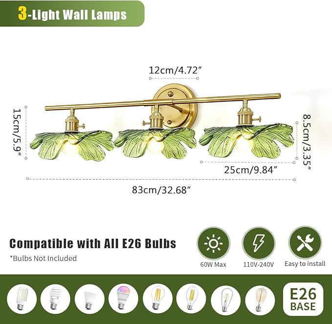 3 Light Bathroom Lighting fixtures Over Mirror, Gold brass Wall Sconce Vintage Bathroom Vanity Light Green Glass Wall Sconce mid Century Modern Wall lamp Art Deco Vanity Lights for Living Room Bedroom