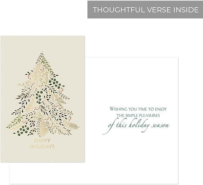 Masterpiece Gilded Greenery Christmas Card Set / 16 Boxed Winter Holiday Cards with Shiny Gold Foil and Coordinating Red Envelopes / 4" x 6" Folded Christmas Tree Greeting Cards with Inside Verse
