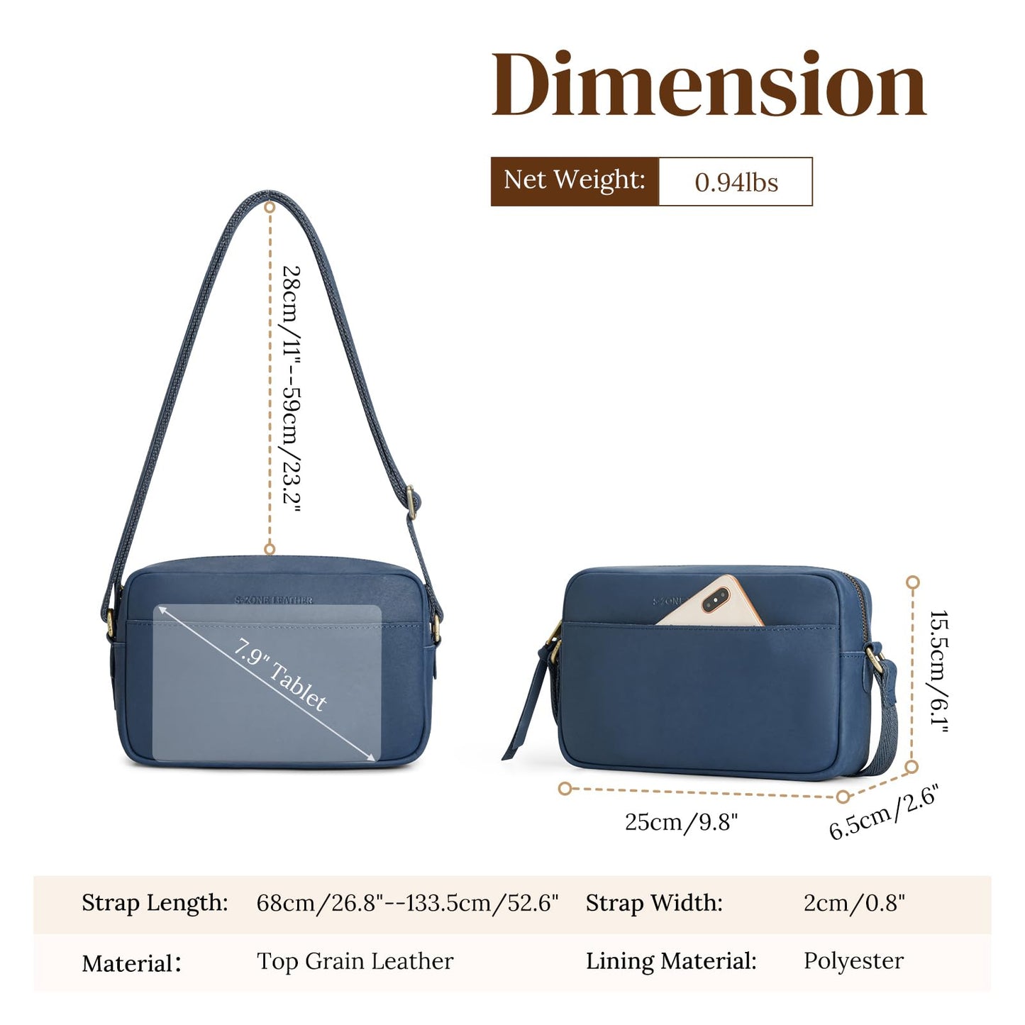 S-ZONE Crossbody Bags for Women Top Grain Leather Shoulder Handbags Camera Bag Purse Adjustable Strap Travel Daily Dark Blue