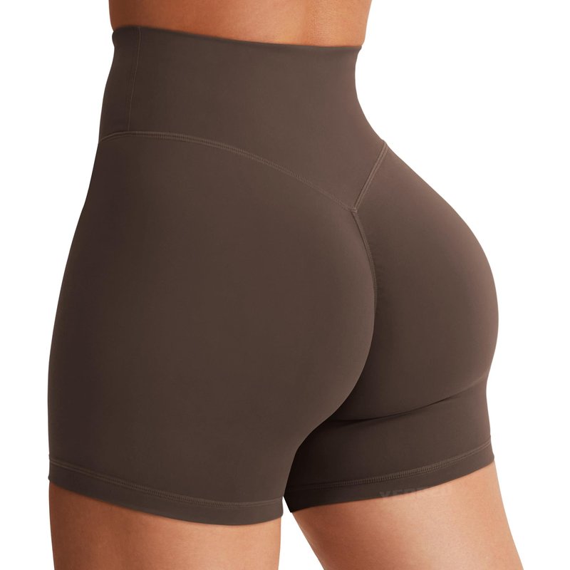 YEOREO Women's Biker Shorts 4.5" / 6" Workout Gym Shorts Craze High Waist Tummy Control Hidden Scrunch Running Yoga Shorts Coffee