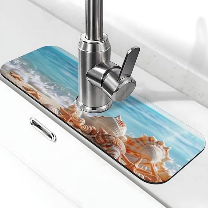 Faucet Draining Mat For Kitchen Sink, Beach Seashells Starfish Diatom Mud