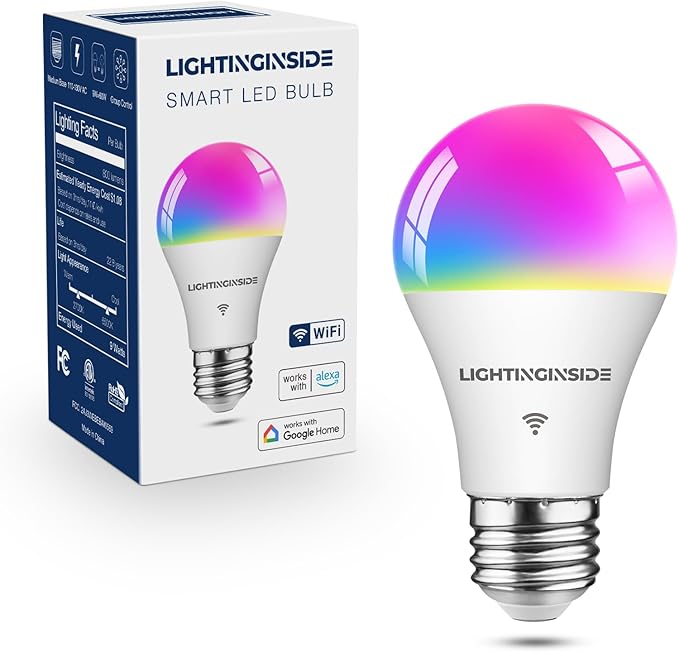 Lightinginside Smart Light Bulbs 60W Equivalent, WiFi Smart Bulb Compatible with Alexa/Google Assistant/Smart Life, A19 E26 RGBCW Color Changing, No Hub Required,2.4G WiFi, ETL Listed, 9W 800LM, 1PC