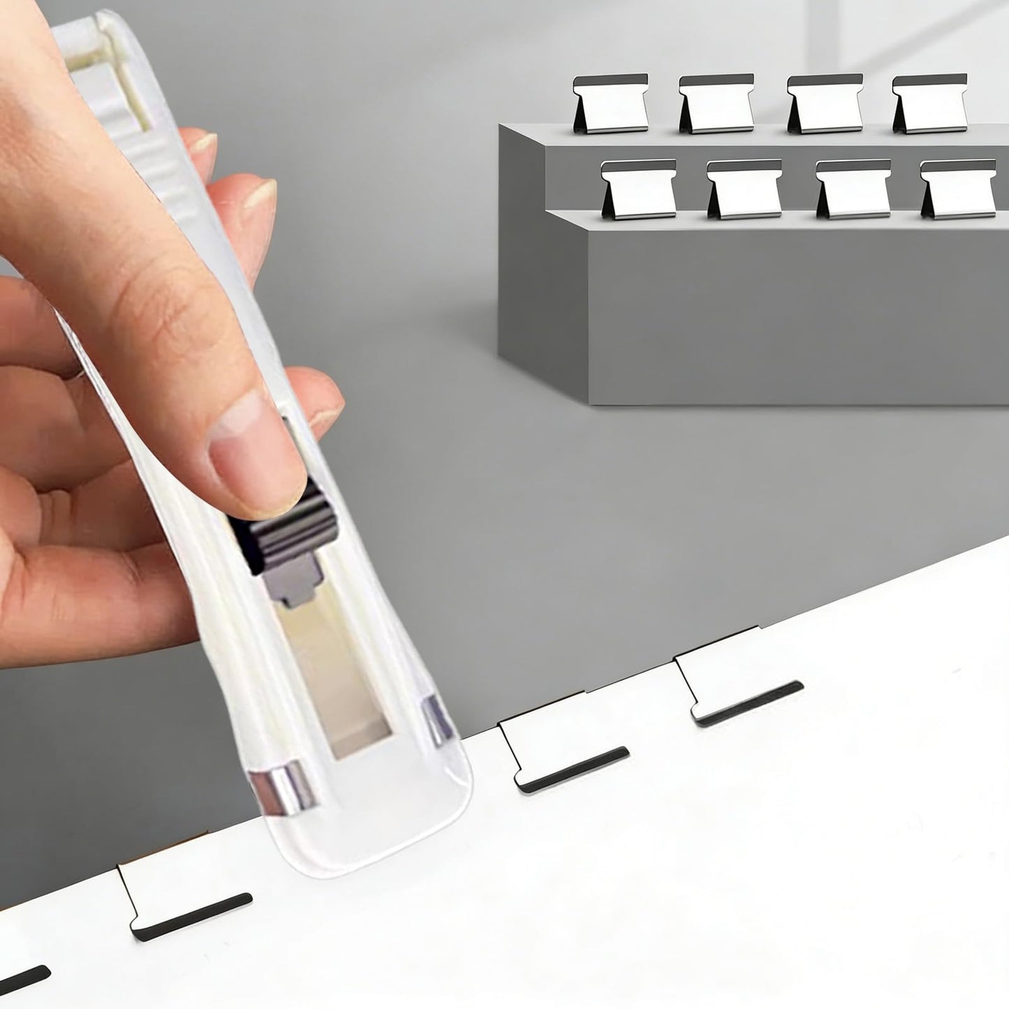 Reusable Handheld Paper Clam Clip Dispenser with 50 Metal Refill Clips,Reusable Creative Stapler, Portable Mini Stapler, Binder Clip Stapler for Office Document Home School Supplies