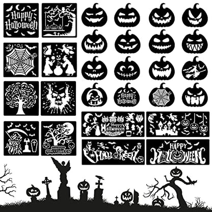 Halloween Stencils Kit (28 pcs) - lyfLux Reusable Pumpkin Carving Templates, Durable PET Material for Halloween Decorations, DIY Crafts, Wall Murals & Party Decor