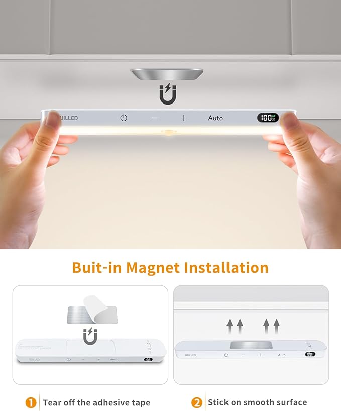 WILLED 3000K Closet Lights Motion Sensored, Battery Display, 60 LED Touch Light Bar, Motion Sensor Light Indoor, Under Cabinet Lights Rechargeable, Stick on Lights for Closet, Kitchen, Hallway, 2 Pack
