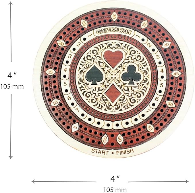 House of Cribbage - 2 Track 60 Points - Round Shape Pocket Size Wooden Travel Cribbage Board - Size 4 Inch (Maple Wood/Bloodwood)