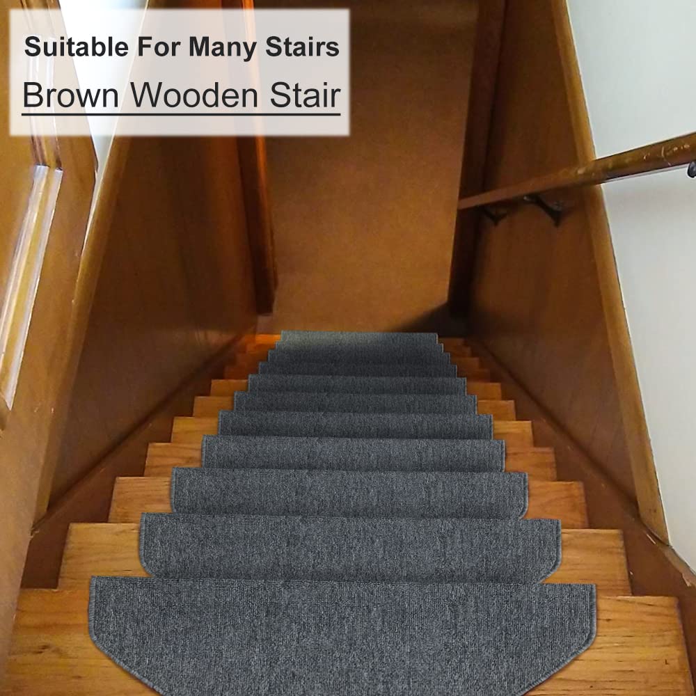 Qingbei Rina Bullnose Carpet Stair Treads Non-Slip for Wooden Steps,13PCS/8.7 * 26inch Indoor Stair Carpet Runner,Cover,Mat for Dogs Baby Pets,Comfort Semi Circular(Black Grey)