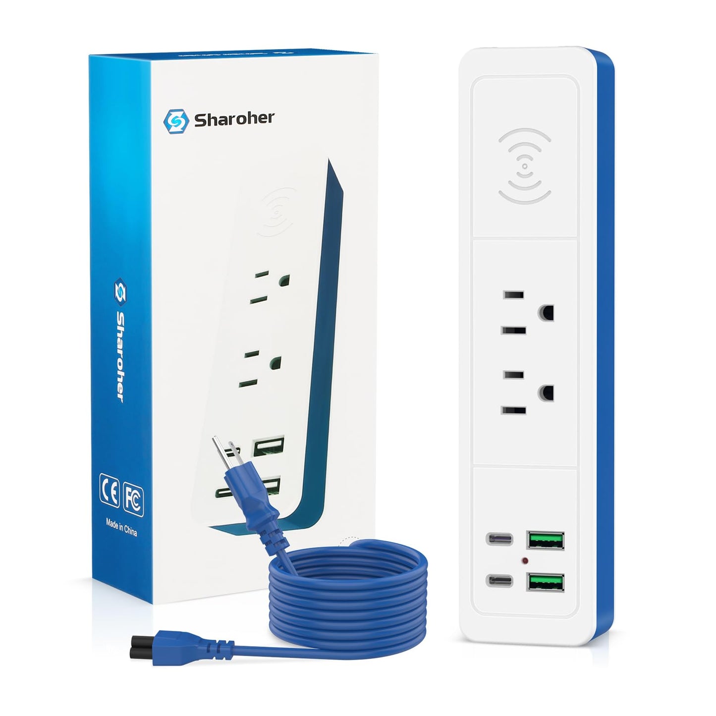 7-in-1 Wireless Fast Charge Power Strip with USB C, 2 USB-C Ports,2 AC Outlet,2 USB-A, Fast Charging Station for Nightstand Desktop Office Dorm,6 ft Ddetachable Extension Cord (Blue, 6 FT)