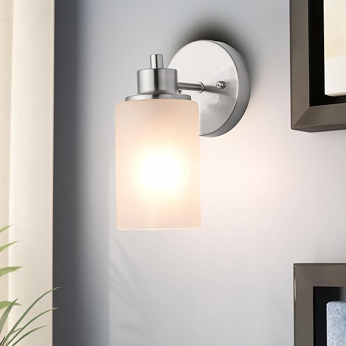 2 Pack Modern Elegant Wall Sconces Bath Vanity Light Fixtures Wall Mounted Lighting Brushed Nickel White Frosted Glass Shade