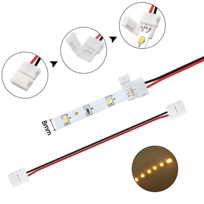 LightingWill 10pcs/Pack Strip to Strip with Wire Solderless Snap Down 2Pin Conductor LED Strip Connector for 8mm Wide 3528 2835 Single Color Flex LED Strips