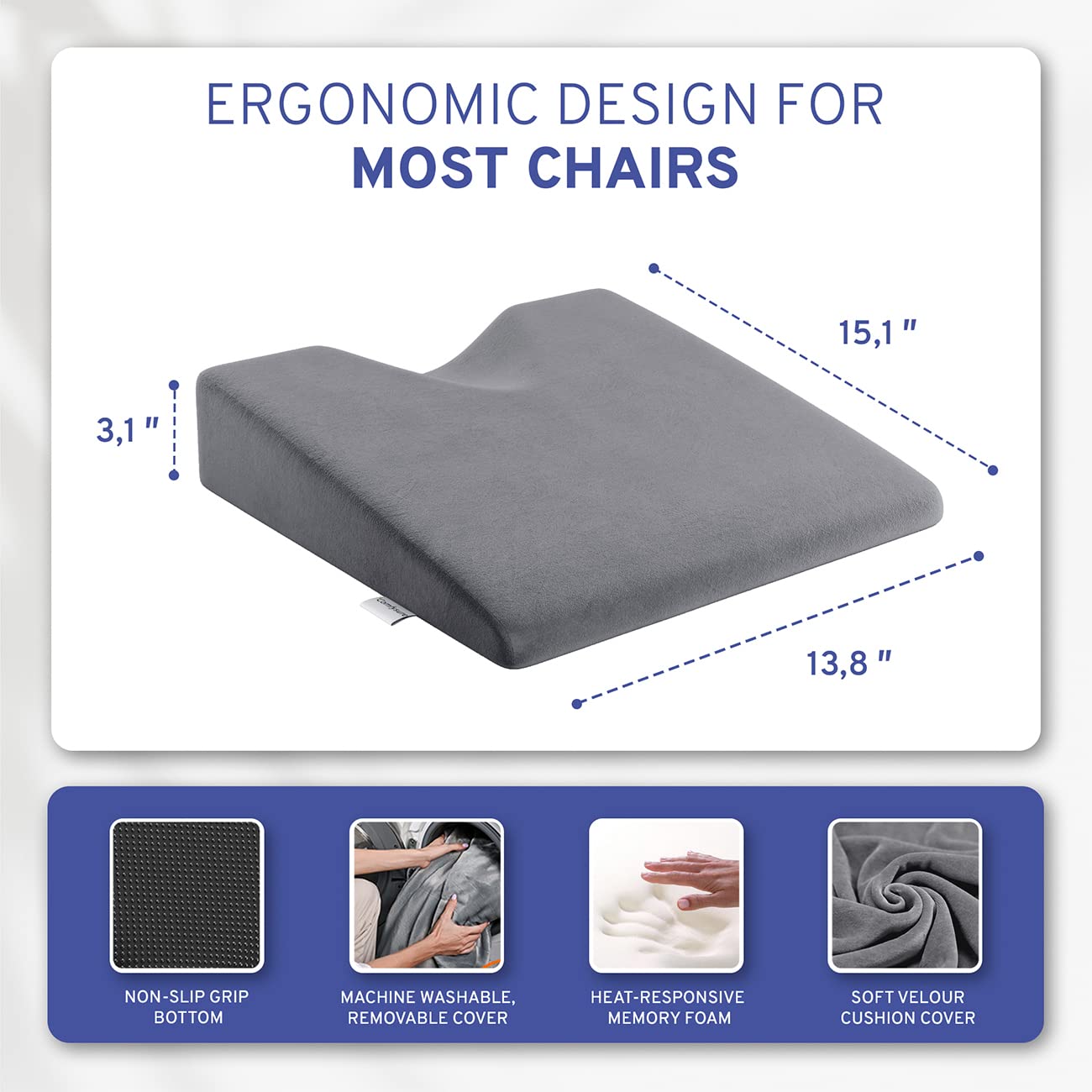 Wedge Car Height Booster Seat Cushion - Office Chair Cushion - Memory Foam Tailbone Pain Relief Cushion for Driving, Office, Gaming Chair - Orthopedic Lower Back, Tailbone, Coccyx, HIPS Support