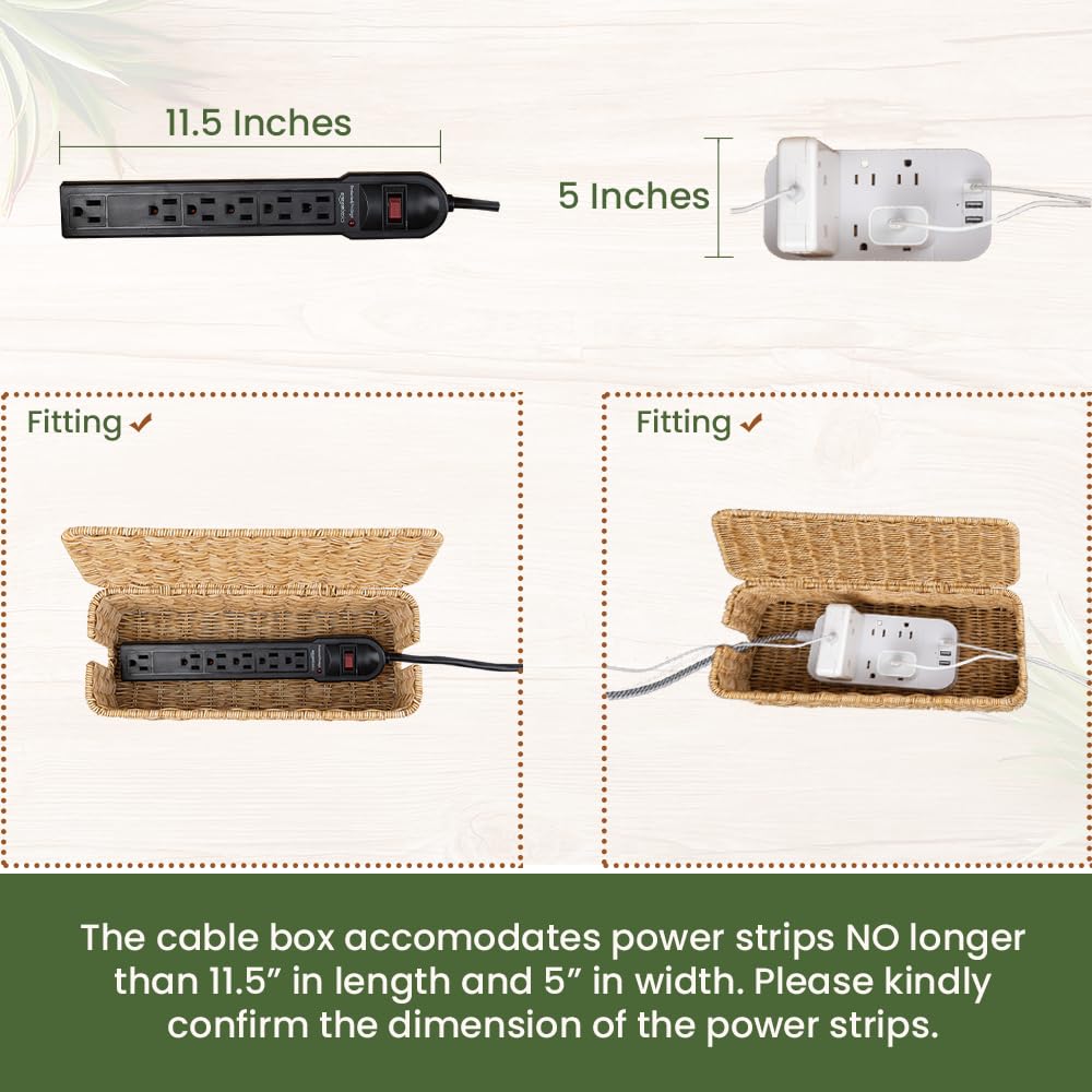 Cable Management Box, Handmade Rattan Cable Organizer with 2 Open Slots, Cord Hider for Power Strip, Router & USB Hub, Registered U.S. Design Patent (D1,112,102), 13" x 5.1" x 5.1", Natural