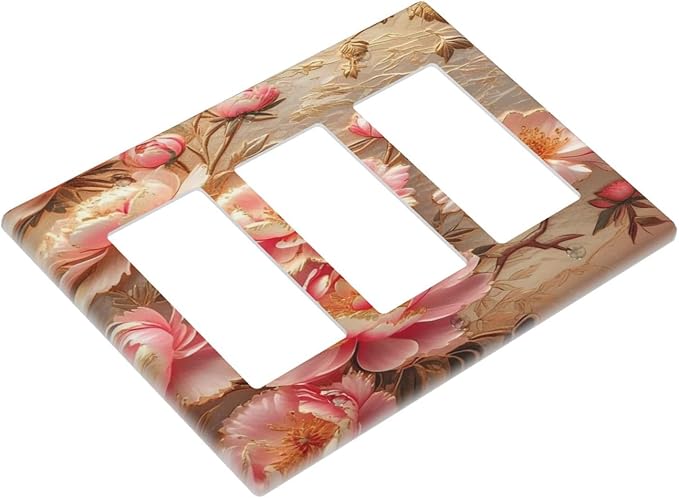 Pink Blooming Flowers Peonies Floral 3 Gang Rocker Triple Outlet Wall Plate Decorative Switch plate Cover Faceplate GFCI Light Switch Covers for Farmhouse Living Decor
