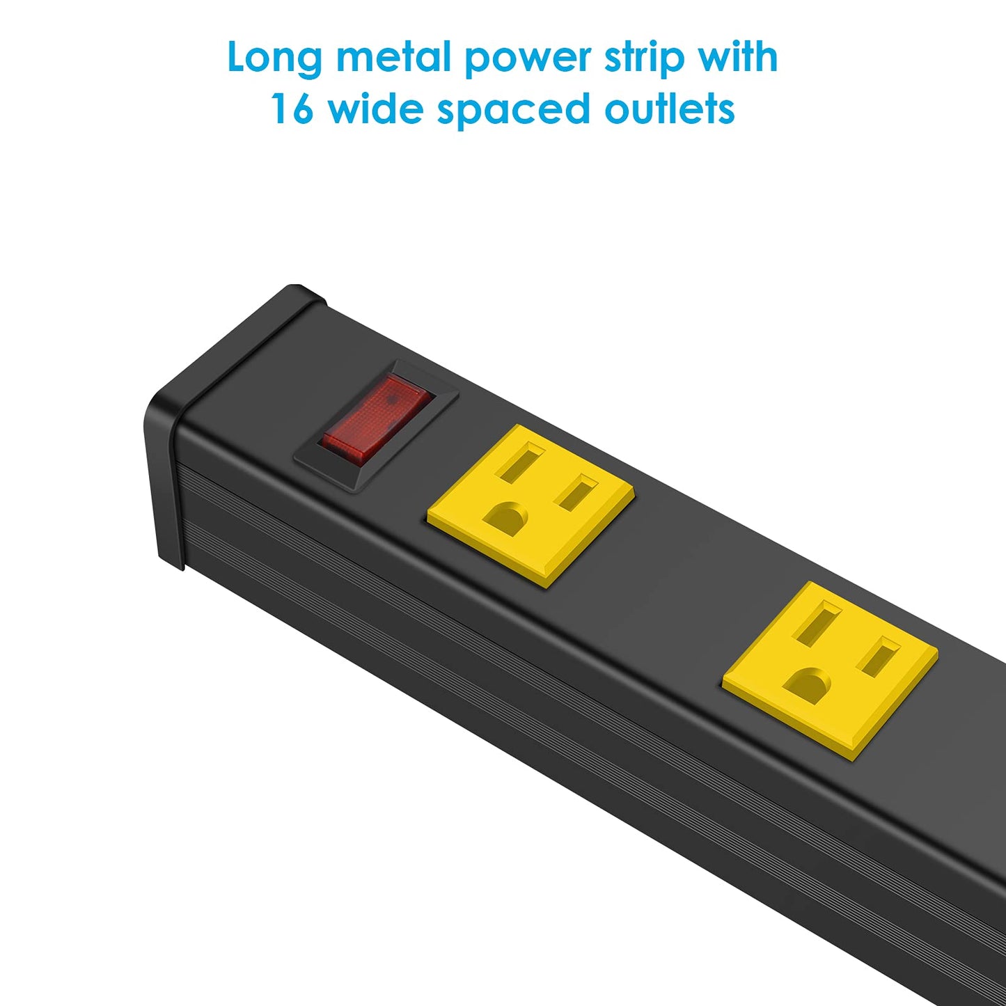 JUNNUJ Long Metal 16 Outlet Wide Spaced Garage Industrial Heavy Duty Power Strip with 6 FT Cord 15A, 125V, 1875W. Yellow
