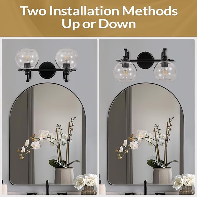 ANDY STAR 2 Light Bathroom Vanity Light, Matte Black Bathroom Light Fixtures, Modern Wall Sconce with Clear Globe Glass Shade, Farmhouse Wall Lamp for Bathroom, Living Room, Hallway, Cabinet, Porch