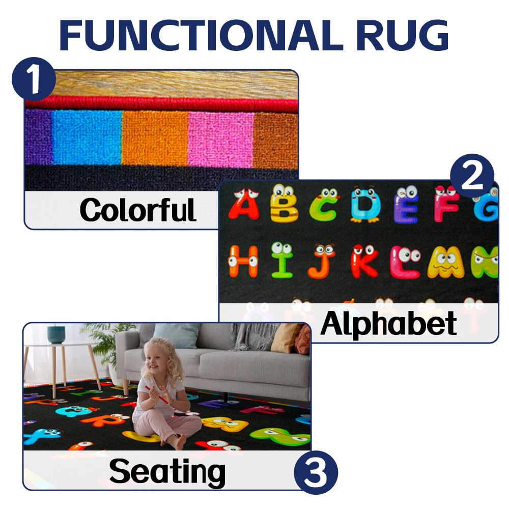 AlaTyche 6'7''x8'7'' ABC Black Classroom Rug, Daycare Rugs for Classroom, Large Classroom Rugs Elementary, Preschool Rugs for Children, Kindergarten Educational Rug for Classroom