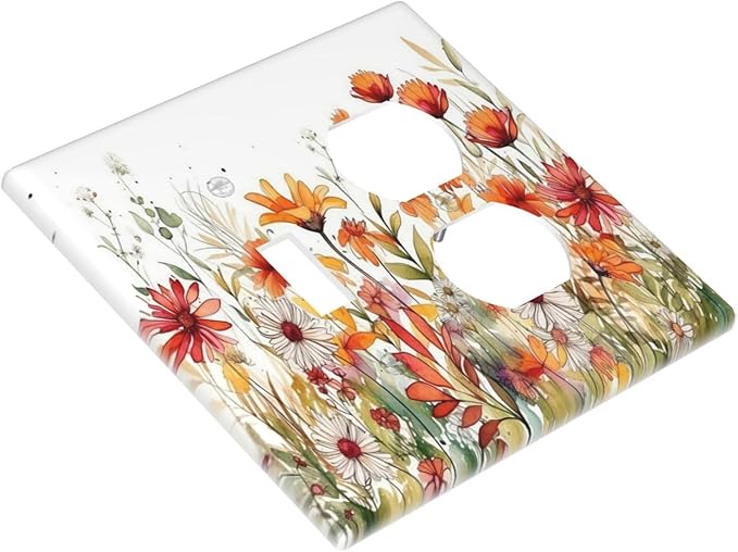 Decorative Light Switch Cover Plate Watercolor Wild Flower Floral 2 Gang Outlet Covers 1 Toggle 1 Duplex Wall Plate Decorate Electrical Switch Plate Covers for Bathroom Home Decor