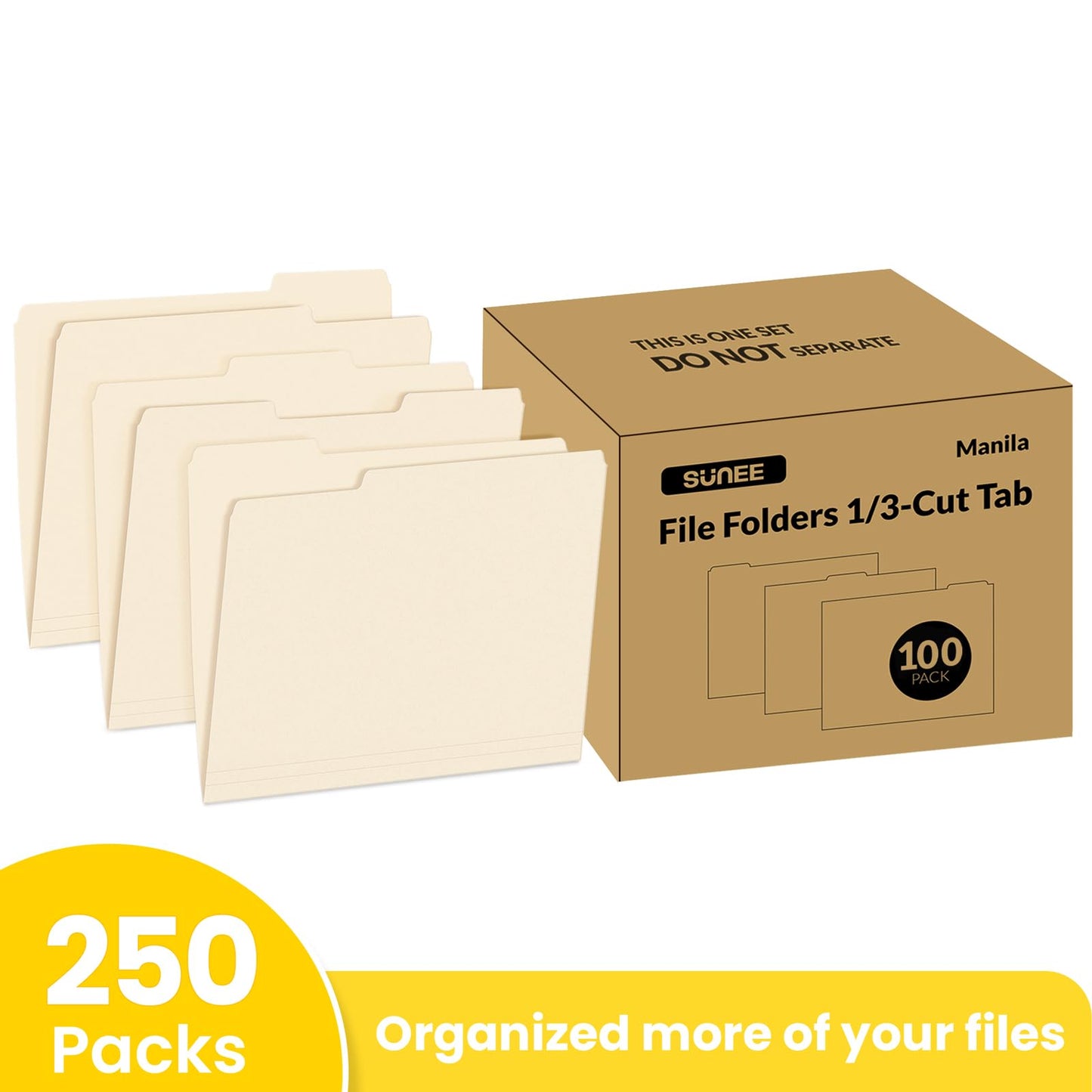 SUNEE Manilla Folders Letter Size (8.5 x 11 inches), 250 Per Box, 1/3 Cut Tab for Easy Labeling and Organization, Durable Standard Paper for Home, Office, School Filing