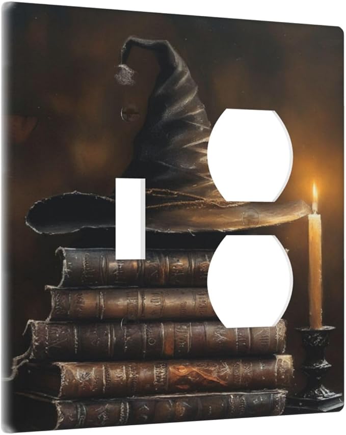 Decorative Art Light Switch Covers Wizard’s Hat & Spellbooks 2 Gang Single Toggle Duplex Combination Electrical Faceplate Switchplate Wall Plate for Home Decor