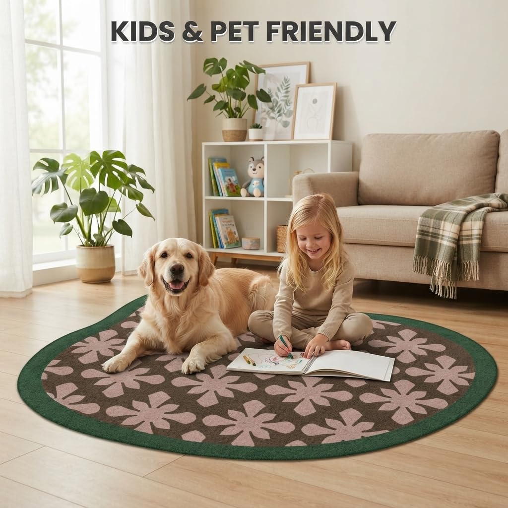 Irregular Shaped Area Rug Unique Aesthetic Green Brown Floral Pattern Rug for Bedroom Livingroom Hallway Entryway Minimalist Mid Century Carpet 3ft Washable No Slip Diningroom Kitchen Floor Rug