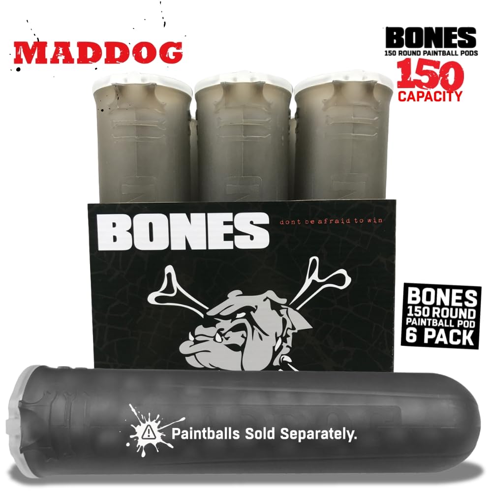 Maddog 150 Round Bones Paintball Pods | Durable Quick Reload Tubes for Tournament and Recreational Speedball Woodsball | 6 Pack - Smoke