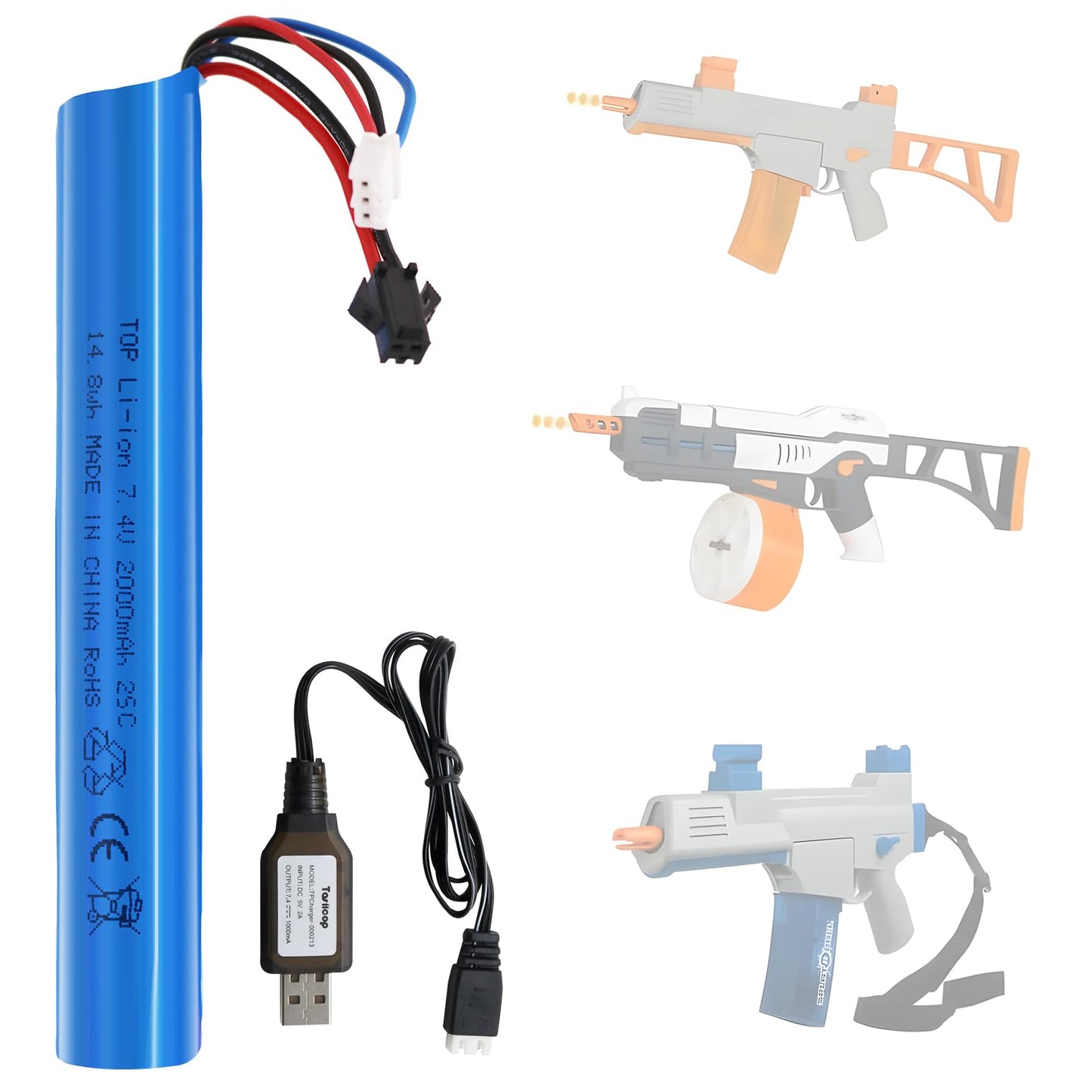 Tosiicop Airsoft Gel Blaster Battery - 7.4V 2000mAh LiPo Batteries for Splatter Ball Accessories SRB400 SRB1200 SRB400-SUB Water Bead MP5K M4 M110 with SM-2P Plug Rechargeable Charging Cable