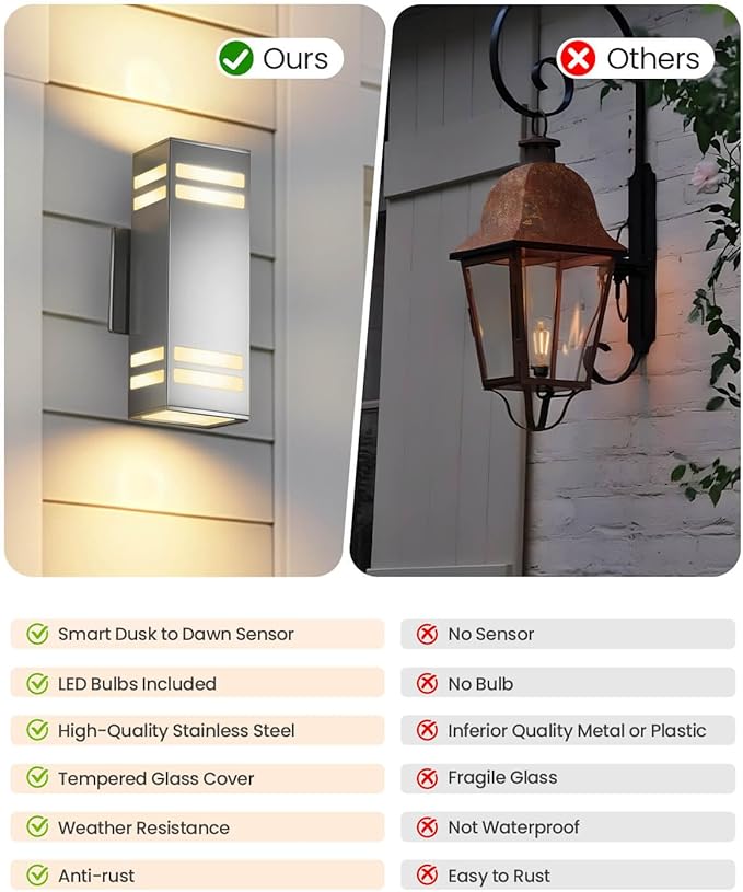 SHIMR Dusk to Dawn Outdoor Lighting 2 Pack, Up and Down Lights Stainless Steel Exterior Light Fixture with Photocell Sensor, Waterproof Modern Outside Lights for House Garage Porch, LED Bulbs Included