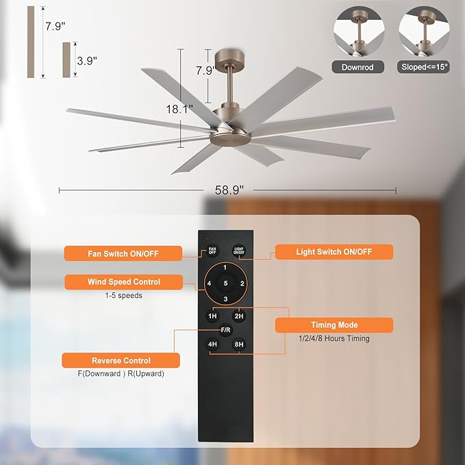 Depuley 60-Inch Ceiling Fan No Light: 8-Blade Large Ceiling Fans with Remote Control - Ultra Quiet DC Motor Reversible Timer Brushed Nickel