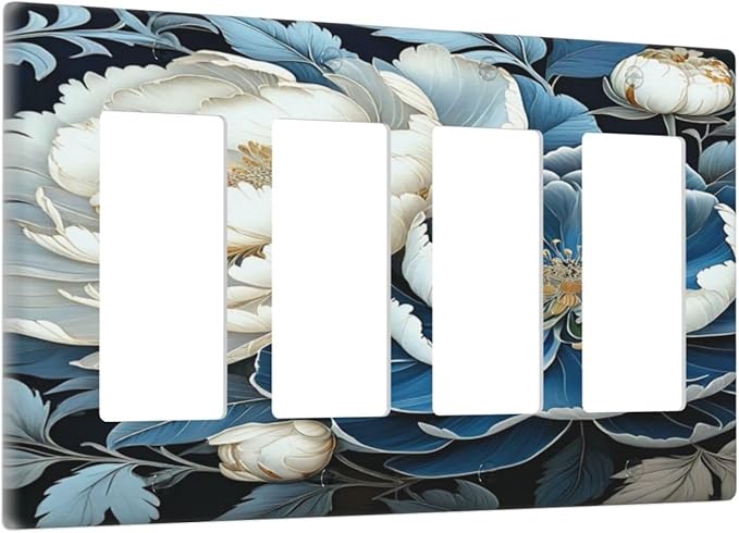 White Blue Flower Peonies Light Switch Cover 4 Gang Rocker Decora Outlet Covers Wall Plate Decorative Switchplate Electrical Faceplate GFCI for Farmhouse Living Bedroom Decor