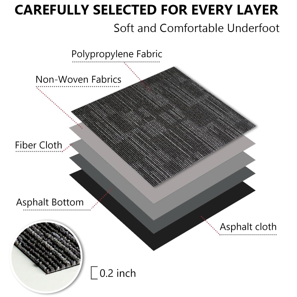 GL Carpet Tiles Reusable 24" x 24" Squares Indoor/Outdoor 0.25" Pile Height Loop Pile, Non Slip Easy DIY Installation Peel and Stick Carpet Tile, (18 Tiles) (72 sqft/Box) (Gray)