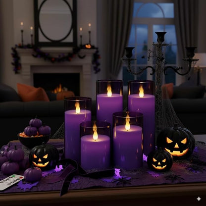 Homemory Purple Flickering Flameless Candles, Battery Operated Acrylic LED Pillar Candles with Remote Control and Timer, Purple Decor, Set of 5