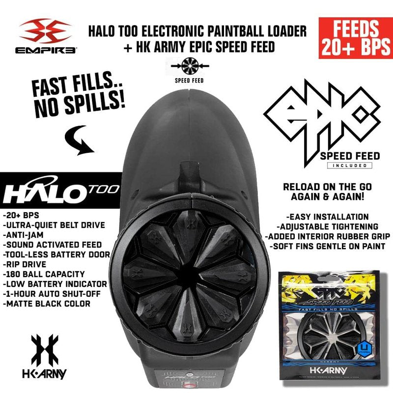 Maddog Empire Halo Too Electronic Paintball Loader with HK Army Epic Speed Feed and HPA Paintball Tank Fill Nipple Protector Accessory Package - Blackout