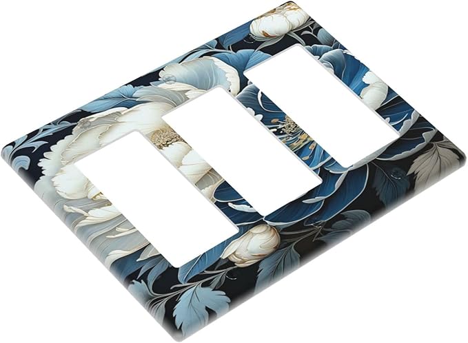 White Blue Flower Peonies 3 Gang Rocker Triple Outlet Wall Plate Decorative Switchplate Cover Faceplate GFCI Light Switch Covers for Farmhouse Living Decor