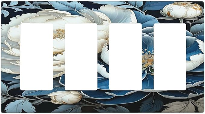 White Blue Flower Peonies Light Switch Cover 4 Gang Rocker Decora Outlet Covers Wall Plate Decorative Switchplate Electrical Faceplate GFCI for Farmhouse Living Bedroom Decor