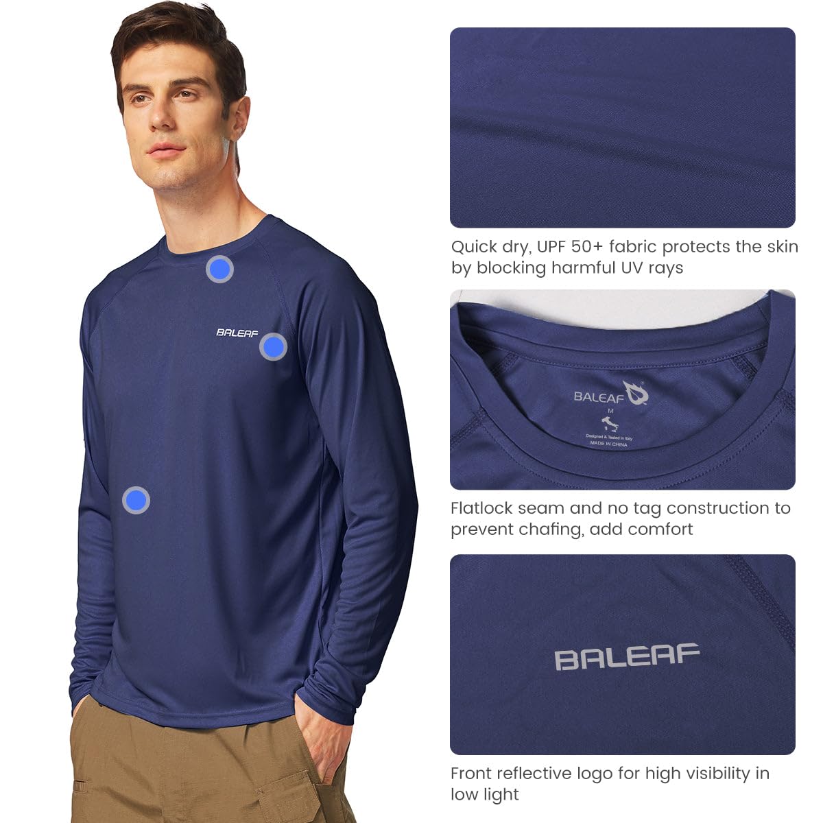 baleaf Mens UPF 50+ Sun Protection Shirts Long Sleeve Rash Guard, Quick Dry 4-Way Stretch for Fishing Swimming Surfing 01-Bluish Violet L