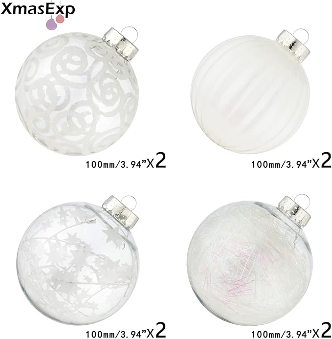 XmasExp 4ct Christmas Ball Ornaments Set -Large Clear Plastic Shatterproof Xmas Tree Ball Hanging Baubles Stuffed Delicate Glittering for Holiday Wedding Xmas Party Decoration (100mm/3.94",White)