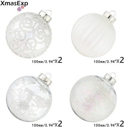 XmasExp 4ct Christmas Ball Ornaments Set -Large Clear Plastic Shatterproof Xmas Tree Ball Hanging Baubles Stuffed Delicate Glittering for Holiday Wedding Xmas Party Decoration (100mm/3.94",White)