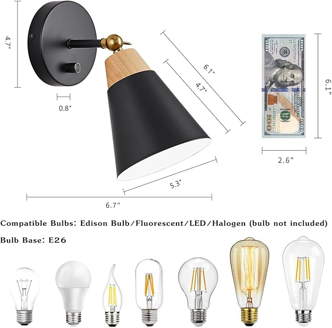 Wall Sconce Lighting Fixture with Metal Shade, On/Off Switch, Indoor Decor Wall Mount Swing Arm Lamp for Bedroom,Hallway,Living Room,Reading, Black