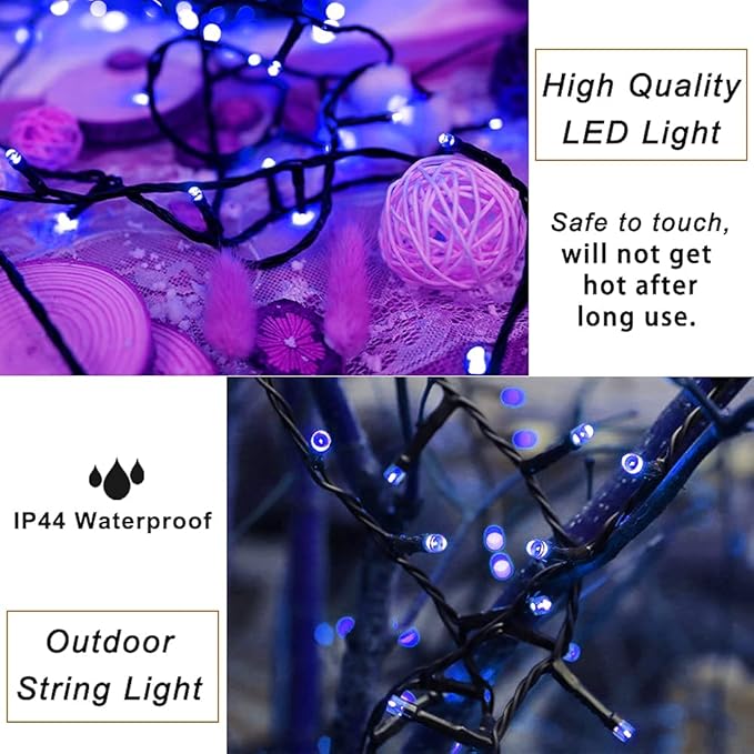 Pooqla Christmas Blue String Lights, 200 LED 66 ft Indoor and Outdoor Lights, 8 Modes Holiday Fairy Light for Home Yard Patio Wedding Party, Halloween Decoration, Blue