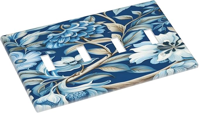 Blue Flowers Branches Leaves Floral Pattern Light Switch Covers Quad Toggle 4 Gang Wall Plate Decorative Switchplate Electrical Faceplate for Farmhouse Bathroom Living Decor