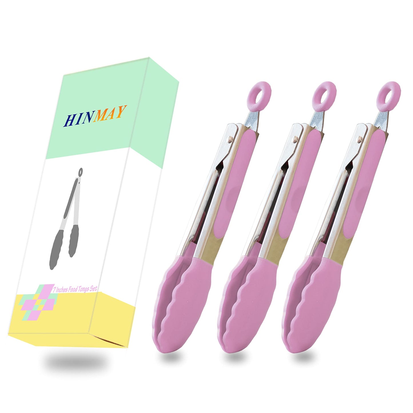Small Silicone Tongs 7-Inch Mini Serving Tongs, Set of 3 (Black Gray White)