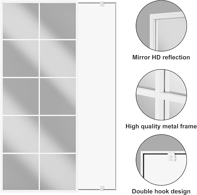Full Length Mirror, 65"x24" Window Pane Mirror for Wall Decor, White Full Body or Wall Mounted Mirrors, Farmhouse Standing Mirrors Hanging or Leaning for Living Room, Entryway, No Stand